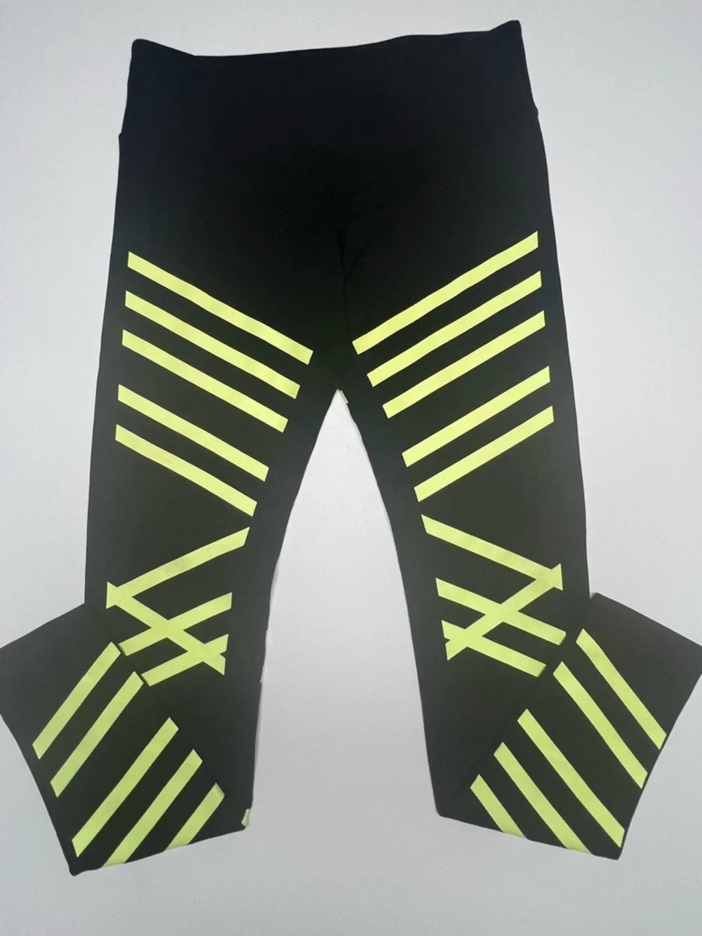 ALO YOGA High Waist Leggings Black Neon Yellow Striped Athletic Pants Size M‎